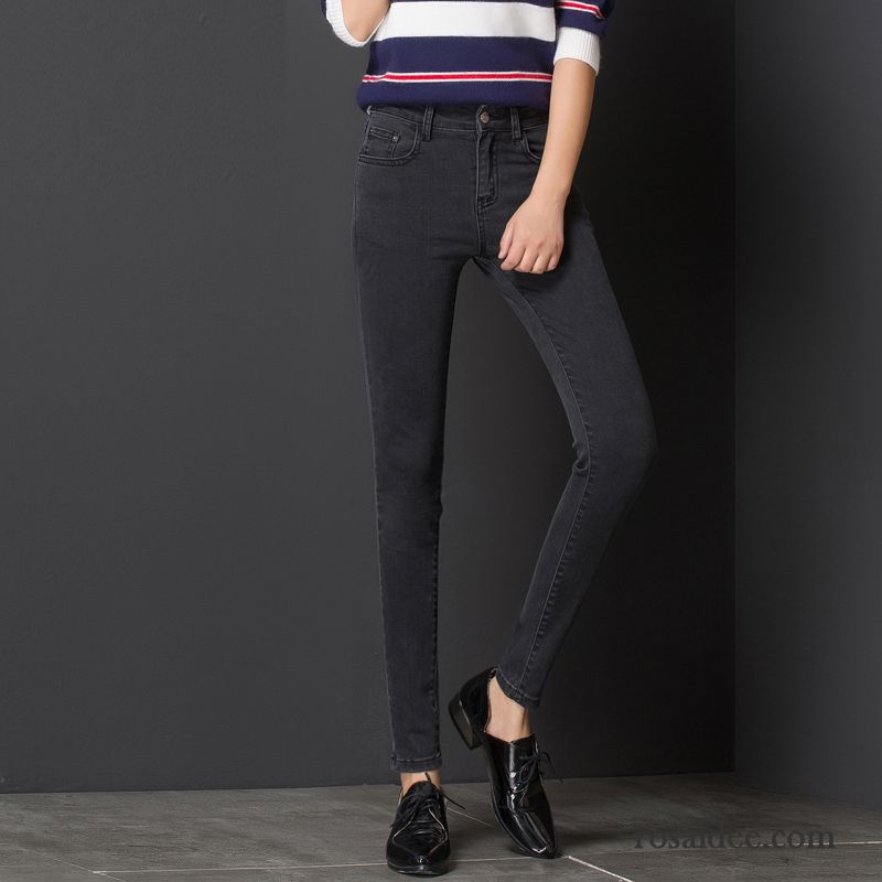 Graue High Waist Jeans Jeans Schüler Bleistift Hose Dünn Neunte Hose Hohe Taille Fest Herbst Damen Schwarz Verkaufen