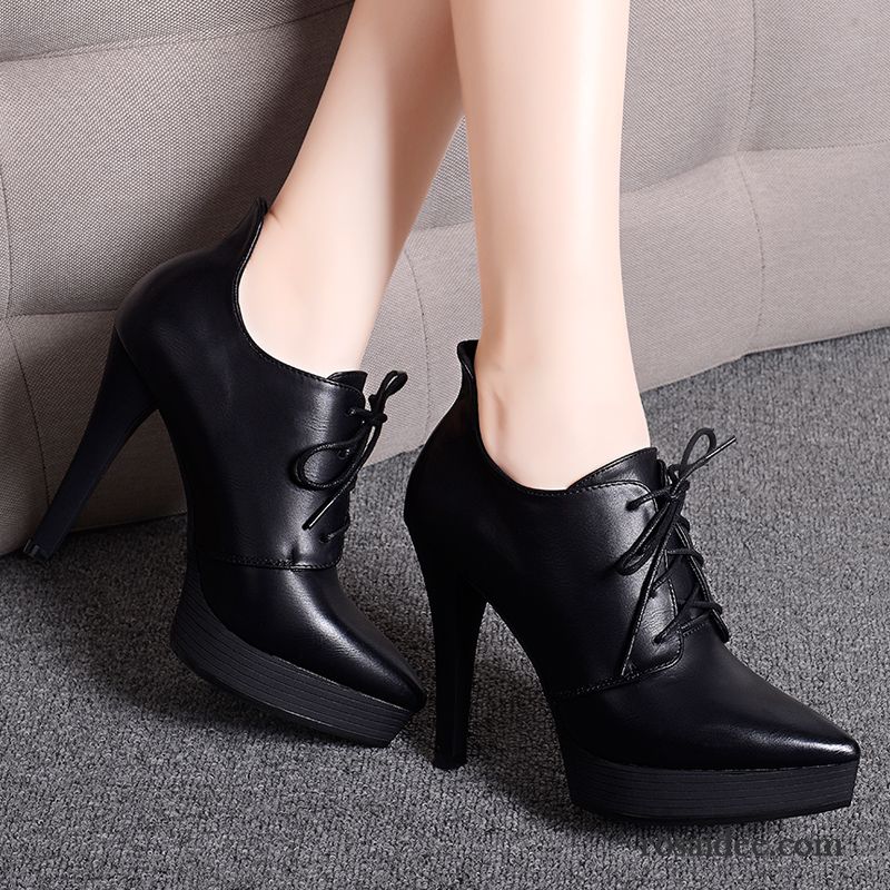 Pumps Blockabsatz Schwarz Schuhe Herbst Schnürschuhe Damen Tief Dünne Fersen Wasserdichte Plattform Lederschuhe Spitze Mode Neue Hochhackigen Allgleiches Billig