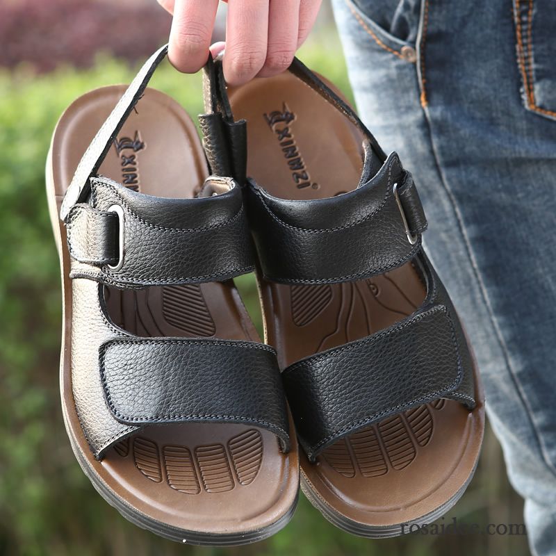 Sandalen Herren Echtleder Rutschsicher Casual Weiche Sohle Sommer Trend Sandfarben Schwarz