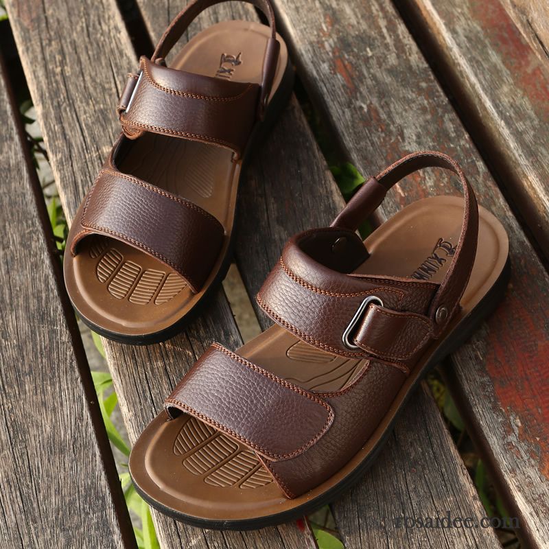 Sandalen Herren Echtleder Rutschsicher Casual Weiche Sohle Sommer Trend Sandfarben Schwarz