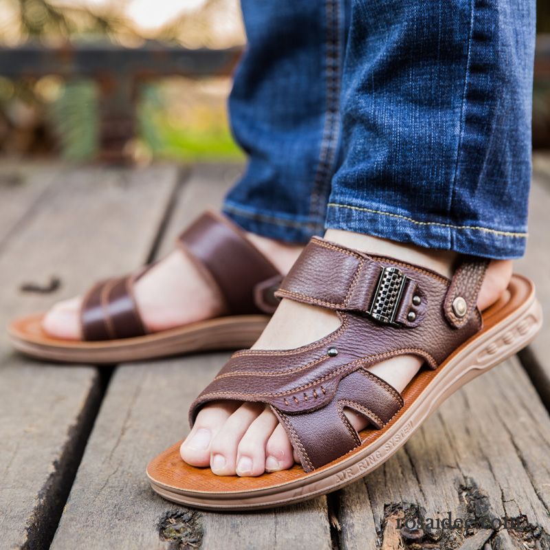 Sandalen Herren Tragen Echtleder Schuhe Neue Hausschuhe Casual Sandfarben Braun