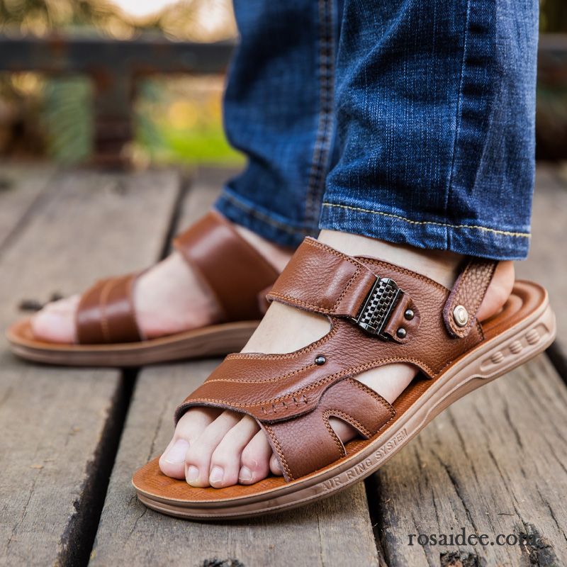 Sandalen Herren Tragen Echtleder Schuhe Neue Hausschuhe Casual Sandfarben Braun